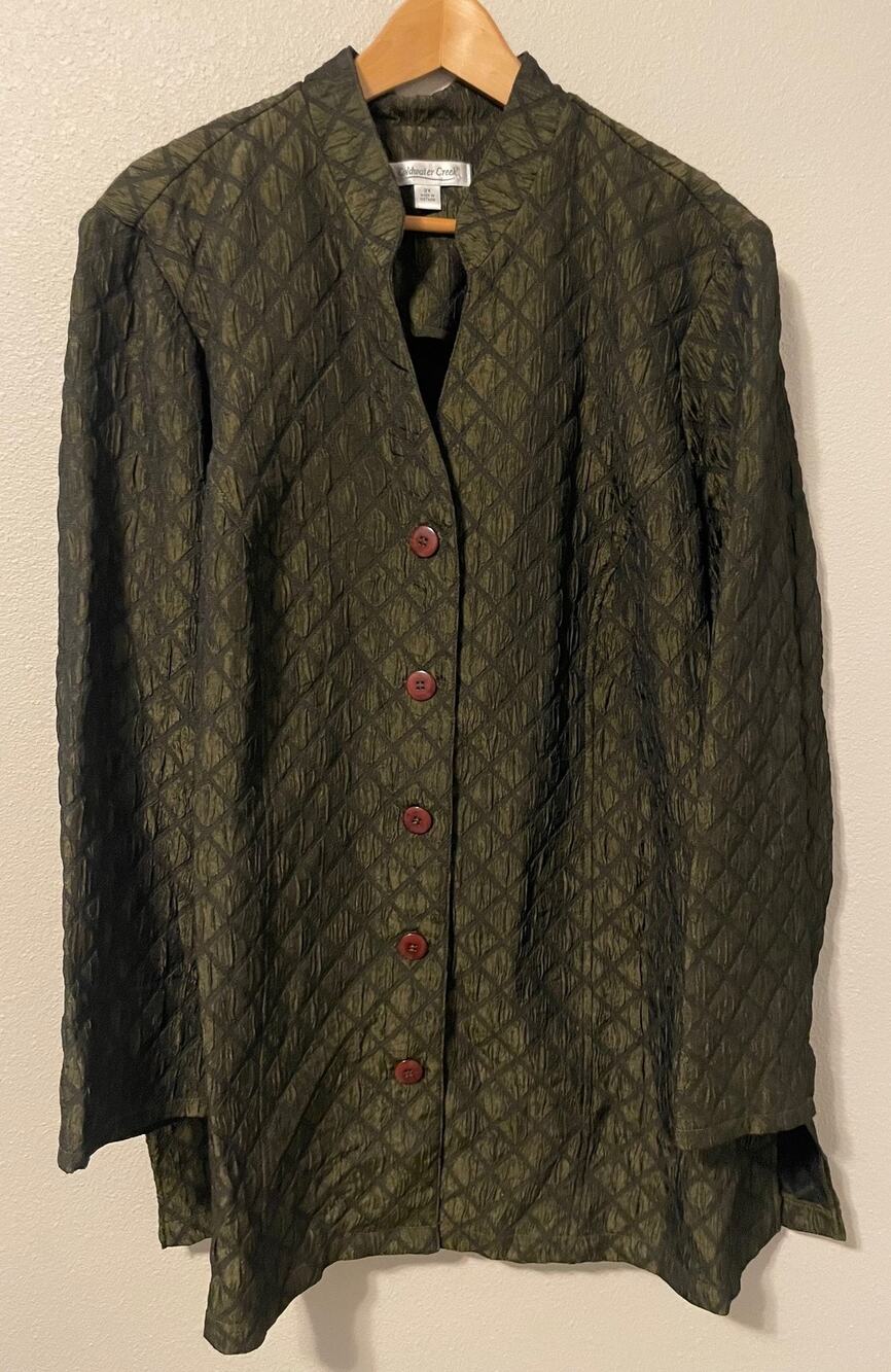 Coldwater Creek Jacket Womens 3X Green Taffeta Collarless Button Mid Length - Picture 1 of 8